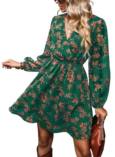 CUPSHE Women's Floral Print Chiffon A-Line Mini Dress Long Peasant Sleeves Elastic Autumn Dress Green Floral XS