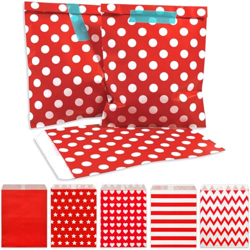 Frau WUNDERVoll® 50 PAPIERTÜTEN ROT, PUNKTE 13 x 16,5 cm, 45 Gramm Papier, flach/Candy Bar, Hochzeit, Kindergeburtstag, Papiertütchen, Candybag, Tüten, Mitgebseltüten