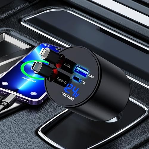 GLILAVOX Einziehbares Auto Ladegerät, Kfz Ladegerät Kompatibel mit iPhone und Typ-C Kabel, 60W Handy Schnellladegerät Zigarettenanzünder Adapter mit Galaxy S25/Ultra/S25+/iPhone 16 Pro Mehrere Geräte
