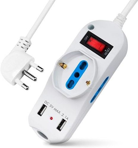 ProTool Multiprise électrique 5 emplacements, 2 Prises Double Usage 2P+T 10/16A Bypass + 1 Prise multiusage 10/16A Bypass/Schuko + 2 USB (5 V, Max 2,1 A), câble 1,5 m 16A 2P+ Prise E, Couleur Blanche