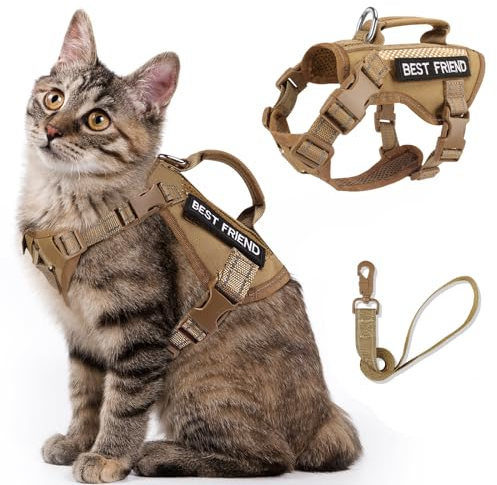 SALFSE Großes taktisches Katzengeschirr mit Leine, Air-Mesh für Erwachsene, Katzengeschirr, ausbruchsicher mit Griff, reflektierend (AKhaki, XL)