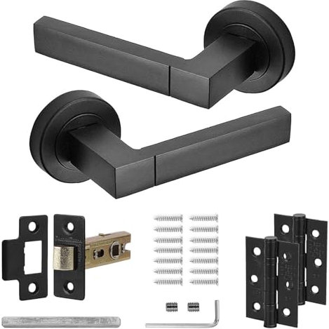 Decoranddecor Matt Black Door Handles Internal – Aluminium Black Door Handle Sets for Internal Doors | Internal Door Handles with Mortice Latch and Butt Hinge | Lumina Range