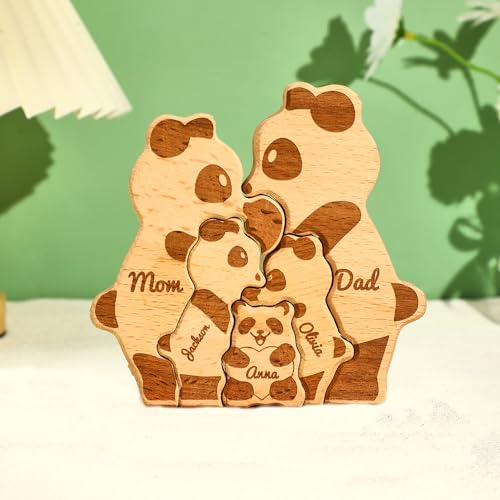 VEELU Ours De Puzzle Famille en Pandas Personnalisé Prénom 1-8, Puzzle d’Art en Bois Animal, Décoration De Bureau, Cadeau pour la Famille Texte Artistique personnalisé, Cadeau de Noel