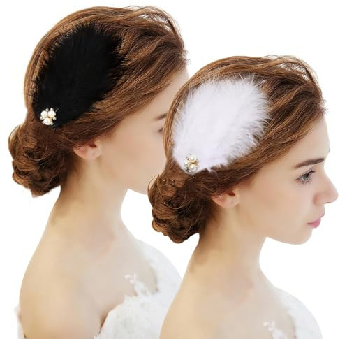 ZXCHOME 2 Pièces Pinces Cheveux Plumes, Barrette Cheveux Fascinators pour Femmes Filles, Bijoux Cheveux Plume Année 1920 pour Mariage Bal Fin D'année Tea Party Accessoire Blanche Noire