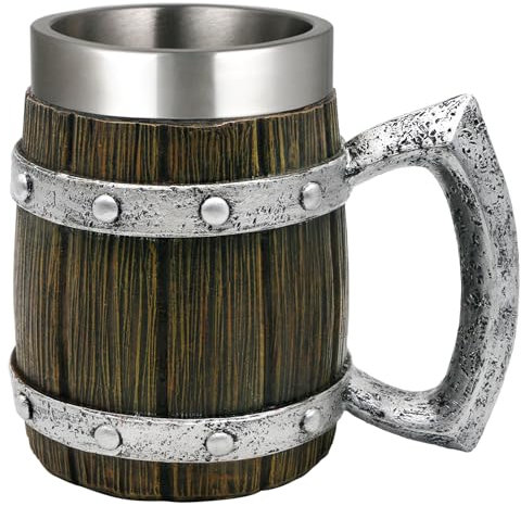 Viking Wooden Barrel Beer Mug - Norse Decor Coffee Cup for Men - Ideal Viking Gift - 21oz Large Nordic Beverage Cup & Beer Stein Tankard - Unique Viking Decor