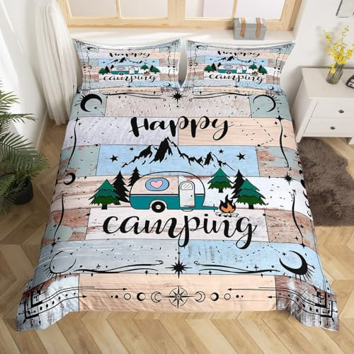 Erosebridal Camper Decor King Bettwäsche-Sets für Mädchen, Happy Camping, Bettdeckenbezug, Lodge, Hütte, Camping, Reisen, Auto, Bettbezug, Vintage-Bauernhaus, braun-blau, Landhaus-Holzplanke,