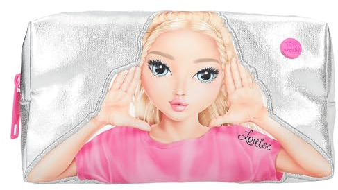 Depesche 12937 TOPModel - Kosmetiktasche Beauty and Me, in Silber, mit Glanz-Effekt und Model Motiv, Waschtasche mit Reißverschluss und weichen Herzen