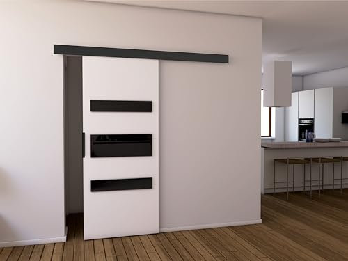 MINIO go for it - Schiebetüren 86 cm, Schiebetür Zimmertür PRIM D, Schiebetürsystem für Zimmer, Dekorative Elemente, Wandmontage, Türe Innen - Schwarz/Schwarzer Griff, Weiss/Schwarz
