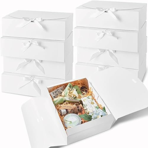 CLUEWR 15 Stück Geschenkboxen mit Schleife, 27 x 20 x 8 CM Geschenkkarton mit Deckel Weiße Geschenkschachtel für Hochzeit, Geburtstag und Geschenkverpackung