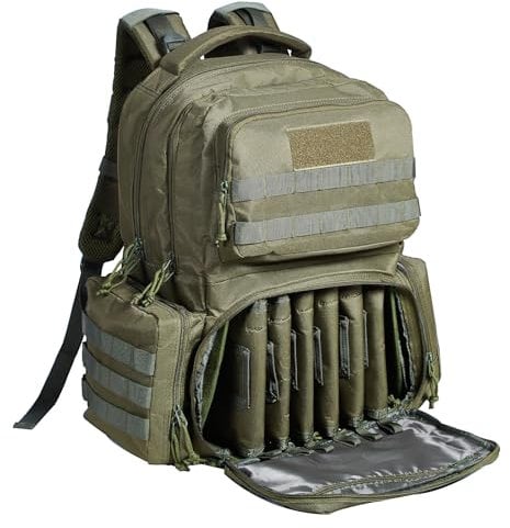 VEVOR Pistolentasche, Gewehrtasche Pistolentaschen für 6 Pistolen, Pistolenrucksack mit 6 unabhängigen Pistolentaschen & 10 Magazinen, Pistolenrucksack für Outdoor-Jagd, Abschließbar, Grün