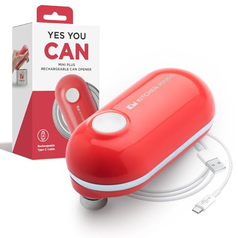 Kitchen Mama Mini Plus Rechargeable Electric Can Opener: Compact, Type-C Charging, Hands-Free, Auto Shut-Off, Smooth Edge, Food-Safe – Ideal for Home, Travel, and Seniors with Arthritis (Red)