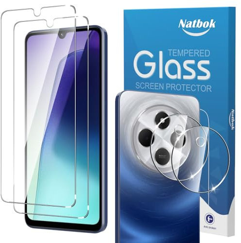 Natbok 2+2 Piezas Protector Pantalla para Xiaomi Redmi 14C/ Redmi 14 C/Poco C75 con Protección de Cámara,Cristal Templado,Dureza 9H,Antihuellas,Sin Burbujas,Ultra Transparente Vidrio Templado