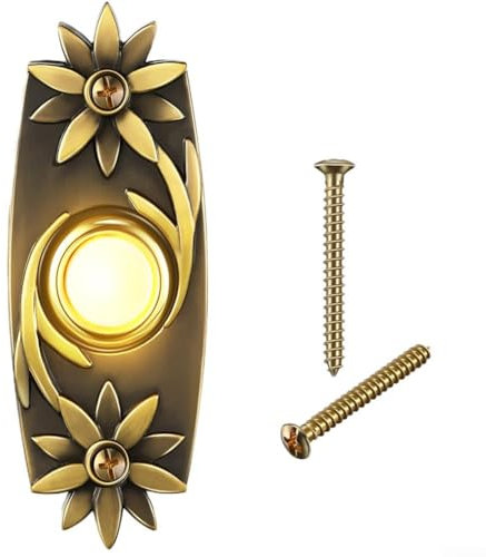 Eawfgtuw Timbre de metal resistente con botón pulsador de bronce antiguo con cable, timbre de puerta de metal con luz LED con cable de bronce antiguo LED de repuesto