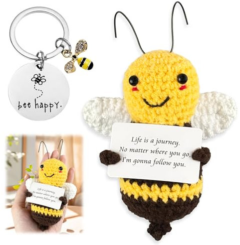 Qnynnty Porte-clés en forme d'abeille positive au crochet, cadeau d'énergie positive, avec carte porte-bonheur, adorable poupée pour amis, anniversaire, décoration amusante