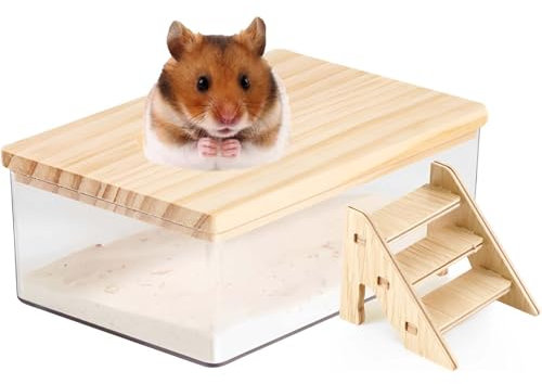 ZQuintuplian 1Pcs Hamster Sand Bath, Box Container Hamster Bath Sand Gerbil Sand Bath Hamster Dust Bath Hamster Bath Container With Ladder Chinchilla Dust Bath Hamster Accessories(Without sand)