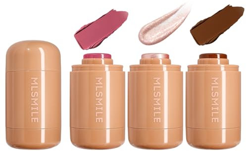 3 Stück Kontur Stift Highlighter, Blush Sticks, Bronzer Contour & Shimmer Pearl Highlighter, Rouge Stick - Lang anhaltende Rosa Rouge Gesicht Make-up Set - Geschenk für Damen