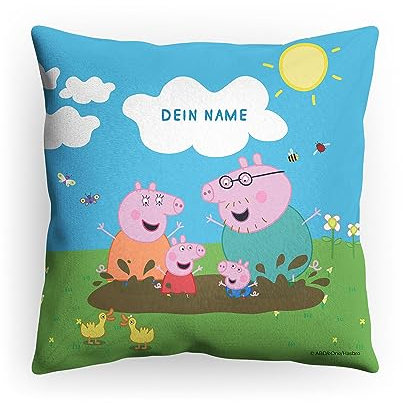 PICANOVA Kissen Peppa Wutz mit Name - Weiches Plüsch Dekokissen 30x30cm mit Füllung - Personalisiertes Peppa Pig Kopfkissen für Kinder - Individuell Geschenk für Kinder - Peppa Wutz mit Familie