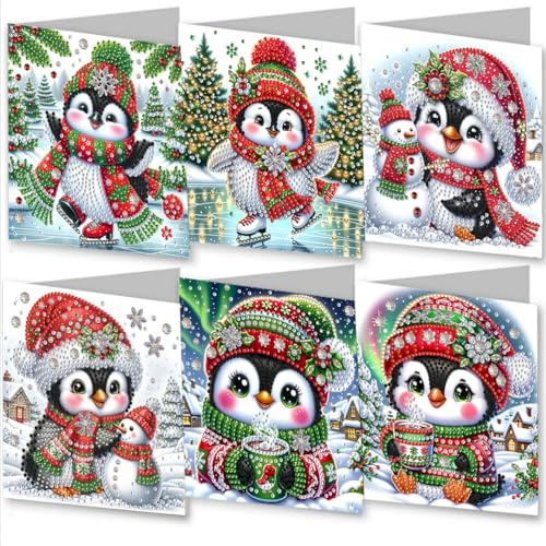 Meecaa Penguin Snowman Animal 6pcs Handmade 5D Diamond Painting Christmas Greeting Cards for Adults, DIY Diamond Art Postcards for Friends Family Lover Gift (15CMx30CM) (Penguin)