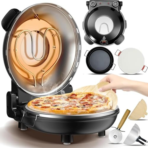 12-Zoll-Pizzaofen FüR Den Innenbereich, Arbeitsplatte Heizt Sich Auf Bis Zu 420 °C Auf + Pizzastein, Grillpfanne, Pizzaschneider, Thermometer Mit Sichtfenster, Pizzakocher FüR Den Tisch