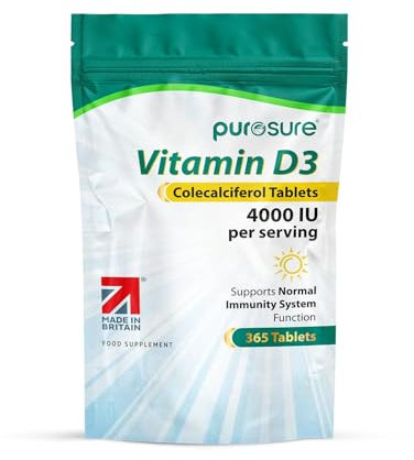 Purosure Vitamin D3 Colecalciferol 4000 IU Supplements | 365 High Strength Easy to Swallow Tablets | 12 Months Supply | Supports Norma Immunity System Function | Manufactured in the UK | (365 Tablets)