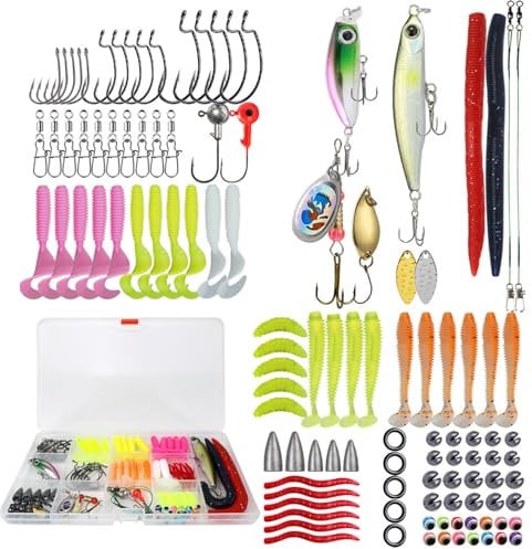 114 Pcs Fishing Lure Kits, Fishing Tackle Box Includes Spinners, Soft Lures, Fishing Bait, Plastic Worms, Hooks, Weights, Swivels for Trout Bass Freshwater Fishing Accessories