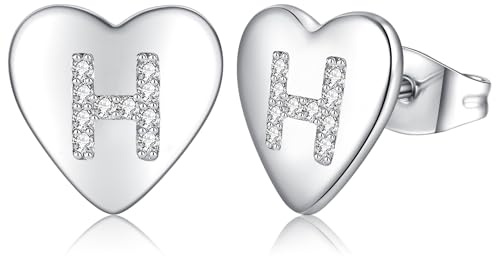 Ohrringe Silber 925 Ohrstecker Silber 925 für Damen Mädchen Kinder, Klein Herz Ohrringe Silber Buchstaben Ohrstecker mit Zirkonia, Schlafen Knorpel Ohrstecker 10mm (silber-H)