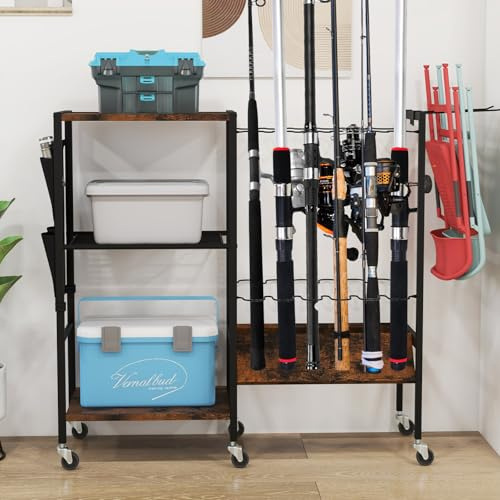 GIANTEX Rutenhalter Angeln Rutenständer für 12 Angel Angelrutenhalter mit Rollen Angelzubehör Angelständer 3 Ebenen mit Haken & Tasche Angelrute Tackle Cart Angelruten-Organisator 84 x 30 x 82 cm