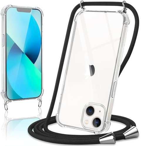 Coiwxmoi Funda con Cuerda para iPhone 13/iPhone 14 6,1,Carcasa Transparente Suave Silicona TPU Case con Ajustable Colgante Collar Correa de Cuello Cadena Cordón Protección Cover para iPhone 14,Negro