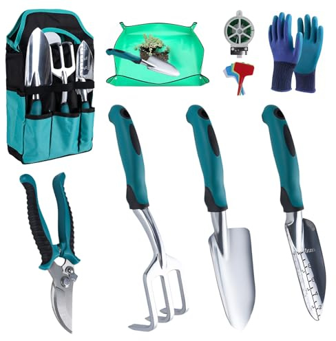 Lot de 12 outils de jardinage - Sac de rangement pratique et poignée antidérapante - Cadeau de jardin idéal pour les femmes et les hommes