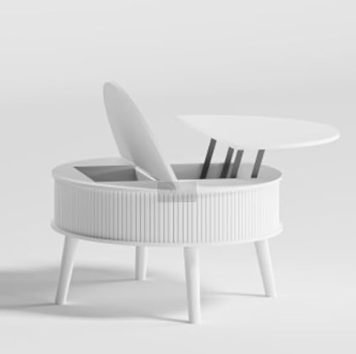 EORMM Table Basse Ronde réglable en Hauteur avec Rangement, Blanc – Table de Salon Robuste à Surface mélamine Anti-Rayures, Construction Stable avec Pieds en Bois Massif, Montage Facile