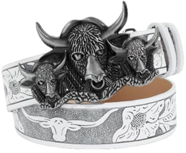 AGUTALITHIC Herren Und Damen Gürtel Mit Longhorn-Blumenprägung Taillengürtel Schnitzen Western Cowboy-Cowgirl Rodeo-Schnalle Mit DREI Bullenköpfen(100cm/39, White)