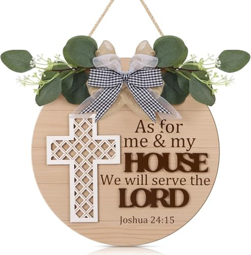 TOARTi Christian Cross Front Door Sign Wreath (11.4x11.4), Bible Verse Joshua 24:15 We Will Serve The Lord Wall Sign Hanging, Religious Home Wooden Door Decoration for Housewarming