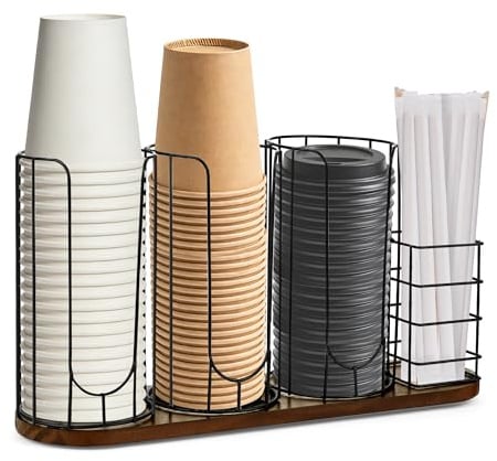 HOMIEE Porte-gobelet et porte-couvercle - Distributeur de couvercle avec paille - 4 compartiments - En métal - Jetable - Pour salle de pause, plan de travail, station de café, bar
