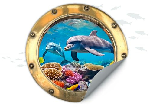 Finest Folia 3D Wandtattoo Bullauge Wandsticker Unterwasserwelt Deko Aufkleber für Badezimmer Dusche Toilette Kinderzimmer Wandaufkleber selbstklebend W013 (06 Delfine Gold, 30cm)