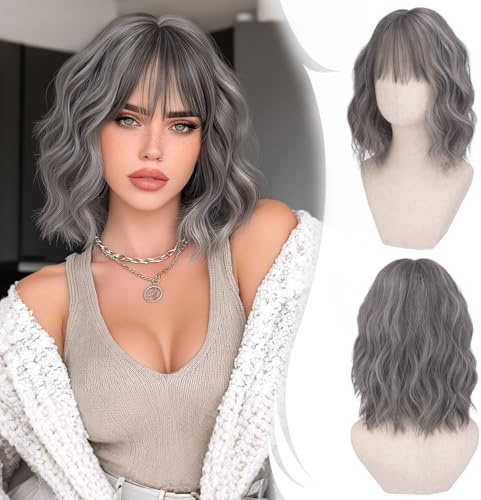 RUWISS Kurze Gewellt Bob Perücke mit Pony Damen Grau 35 cm Synthetische Lockige Haare Perücken für Cosplay Tägliche Party Halloween