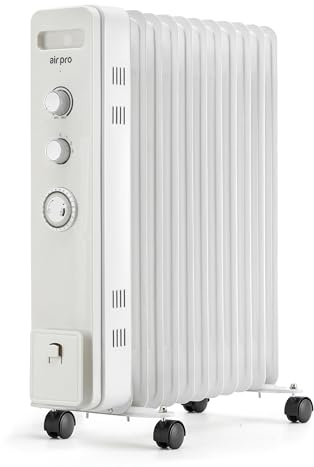 Air Pro Oil Filled Radiator 2500W with Thermostat & 24h Timer – 11 Fin Portable Electric Heater 3 Heat Settings, Overheat & Tip-Over Protection, Quiet for Home, Office and Any Room Radiator on Wheels
