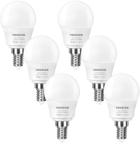 YOUDIAN E14 LED Light Bulb,Warm White 2700K,Small Screw Bulb,Pack of 6 | Energy Saving P45 SES LED Golf Ball Bulbs,5W,450lm,220-240V,Non-Dimmable
