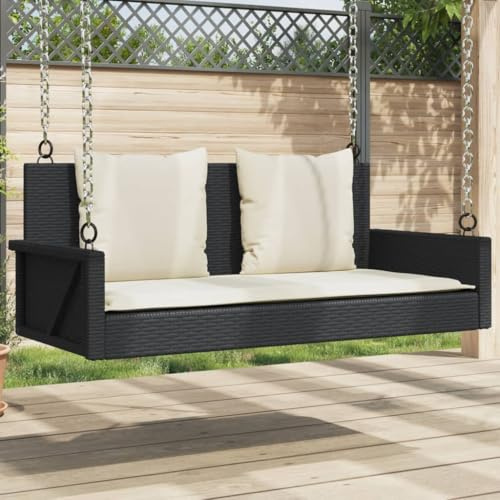 Holekex Gungbänk med kudde svart av poly rotting 119 x 56 x 48 cm, väderbeständig, tvåsitsig med rygg- och armstöd, perfekt för trädgård, terrass, balkong, utomhus lounge möbler