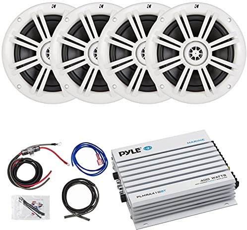 4 x Kicker 41KM604W 6.5 Marine Boat Coaxial White Speakers Combo Bundle With Enrock EKMB500ABT 400W 4-Channel Marine Car Bluetooth Amplifier + Pyle PLMRAKT8 8 Gauge Marine Amplifier Installation Kit