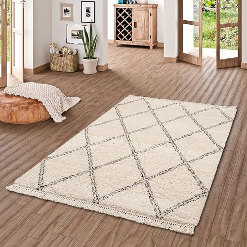 Pergamon Hochflor Langflor Shaggy Teppich Boho Rauten Creme in 5 Größen