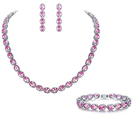 EVER FAITH Parure Gioielli Donna Tourmaline Colore Rosa Ovale Forma Zirconia cubica Ottobre Birthstone Collana Orecchini Braccialetto Set