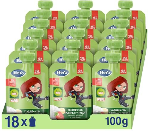 Hero - Bolsitas de Yogur con Plátano y Fresa, Sin Conservantes ni Colorantes, Aceite de Palma, Gluten, ni Azúcares Añadidos, Para Bebés a Partir de los 12 Meses - Pack de 18 x 100 g