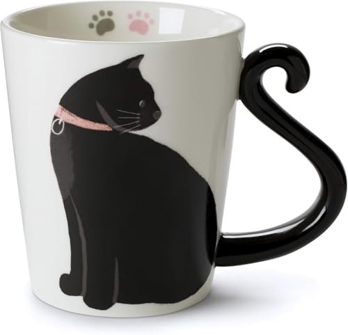 VOTUM Black Cat Ceramic White Coffee or Tea Mug - Animal Shaped Cup with Hand Printed Designs - Cute Handmade Gift for Men or Women Cat Lovers - 12 Fluid Ounce