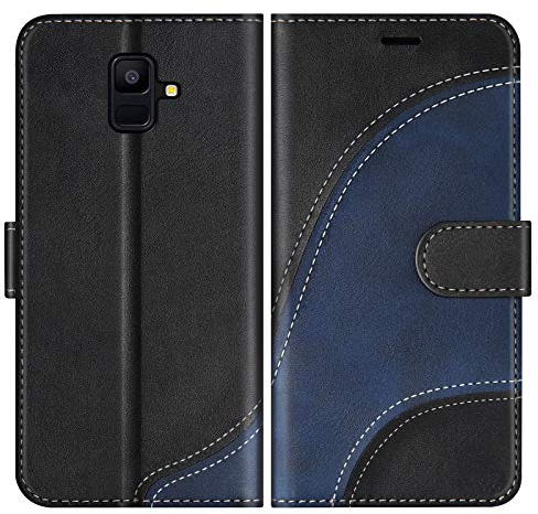 BoxTii Hülle für Galaxy A6 2018, Leder Handyhülle für Samsung Galaxy A6 2018, Ledertasche Klapphülle Schutzhülle mit Kartenfächer und Magnetverschluss, Schwarz