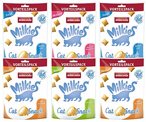 animonda Milkies Katzensnack mit Milch - Milchsnack Selection Multipack (6 x 120g), getreidefreie Knusperkissen Milch Katzensnacks für Erwachsene Katzen