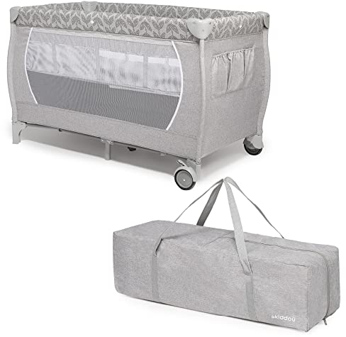 skiddoü Reisebett, Lunar zusammenklappbares Babybett, leichte Konstruktion, kompaktes Kinderbett, verstellbare Höhen Reisekinderbett Babyreisebett bequemes Reisebabybett einfache Aufbaung, hellgrau