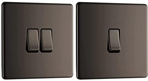 BG Electrical SCREWLESS FLATPLATE BLACK NICKEL DOUBLE SWITCH, 16AX 2 WAY & fbn12 Screwless Flat Plate Single Light Switch, Black Nickel, 2-Way, 16AX, 2.0 cm*2.0 cm*2.0 cm