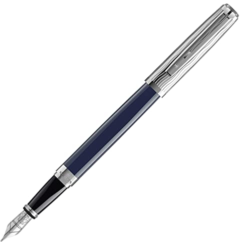 WATERMAN Exception Füllfederhalter (modell Slim), blaulackierter Schaft, versilberte Zierteile, Feine 18K Goldfeder - Geschenkbox
