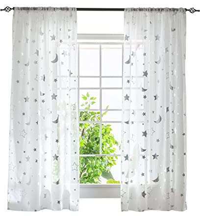 ESLIR Gardinen mit Tunnelzug Transparente Vorhänge Voile Fensterschal Modern Mond und Sterne Muster Wohnzimmer Kinderzimmer 1 Stück BxH 140x145cm Silber