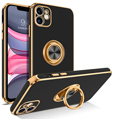 BENTOBEN iPhone 11 Case, Slim Lightweight 360° Ring Holder Kickstand Support Car Mount Shockproof Women Men Non-Slip Protective Case for iPhone 11 6.1, Black/Gold